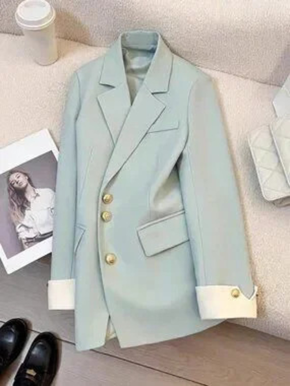 ZARA Light Green Casual Women's Plus Size Elegant Button-Up Blazer Jacket